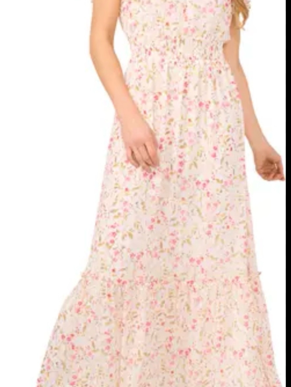 CeCe Smocked Waist Floral Maxi Dress in Pink and Cream - Picture 3 of 5